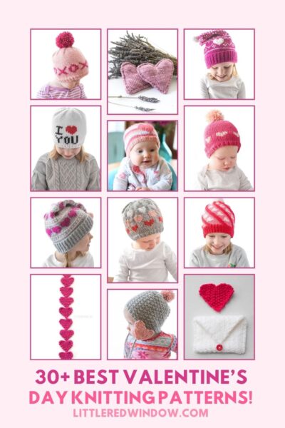 A collage showcases Valentine's Day Knitting Patterns, featuring hats adorned with heart designs, a charming knitted envelope, and a cute heart headband in pink, red, and white tones. Text reads,