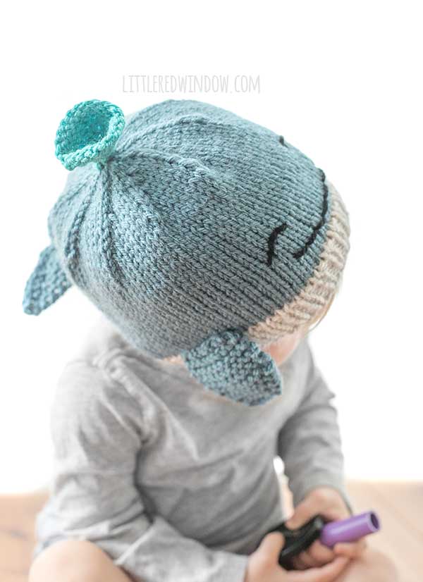 Top view of a toddler in a gray shirt wearing a blue knit whale hat with flippers and a spout in front of a white background looking off to the right