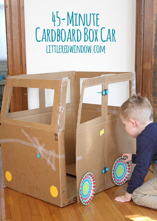 45 Minute Cardboard Box Car| littleredwindow.com | Not all crafts have to be perfect and pinterest-worthy, this cardboard box car is fun to make WITH your kids and is done in less than an hour!