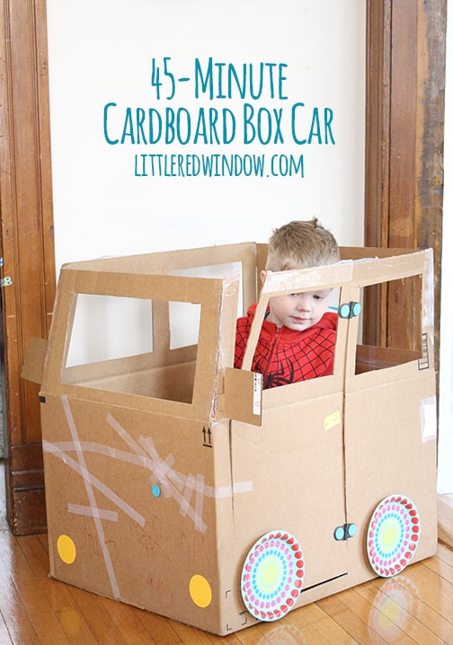 45 Minute Cardboard Box Car| littleredwindow.com | Not all crafts have to be perfect and pinterest-worthy, this cardboard box car is fun to make WITH your kids and is done in less than an hour!