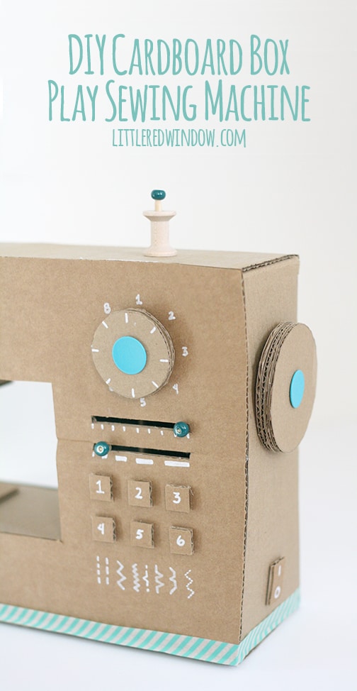 closeup of DIY Cardboard Box Play Sewing Machine in front of a white background