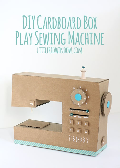 DIY Cardboard Box Play Sewing Machine in front of a white background