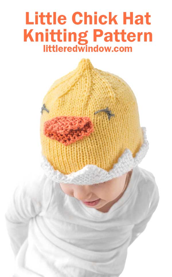 A child in a white shirt sports an adorable chick hat—a yellow knitted creation with an orange beak and closed eyes. The text reads