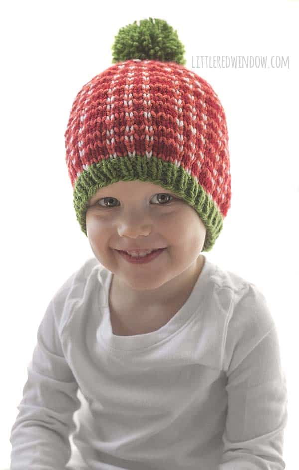 Cute trio of Christmas Plaid Hat knitting patterns, these adorable plaid hats in bright holiday colors make great gifts and will look so cute in photos!