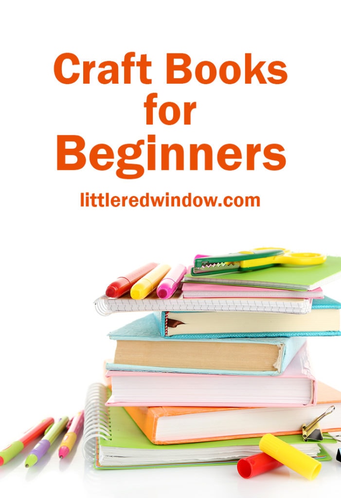 Stack of books and stationery isolated on white with words craft books for beginners