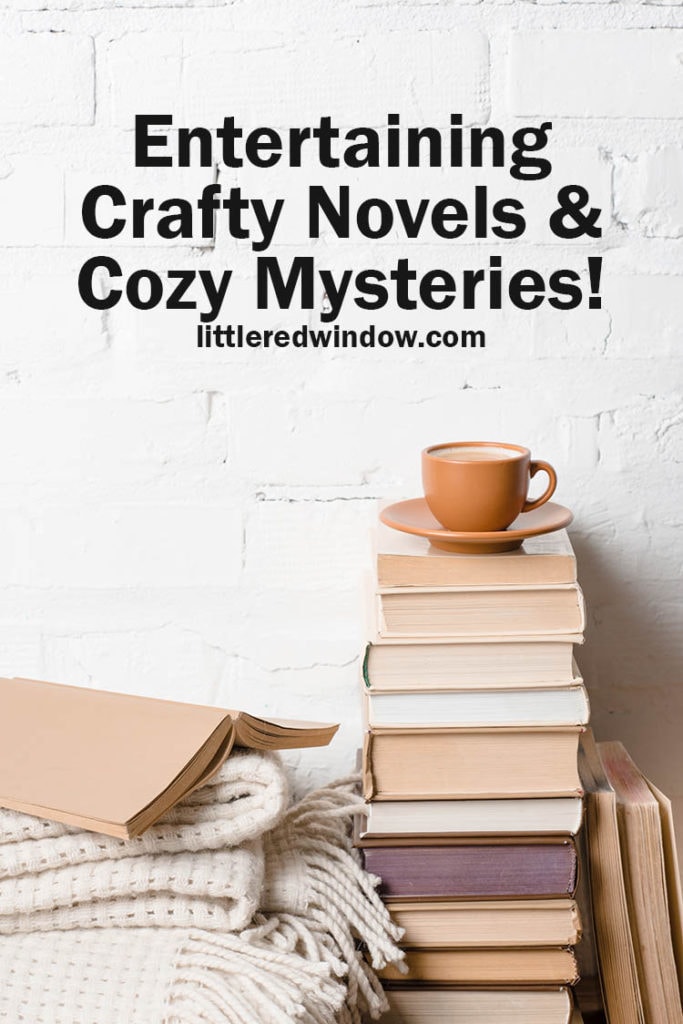 sack of tan books with brown teacup and saucer on top and an off white blanket folded next to them in front of a white brick wall 