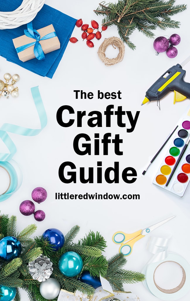 white background with watercolors blue ribbon Christmas ornaments and greenery a glue gun and the words the best crafty gift guide