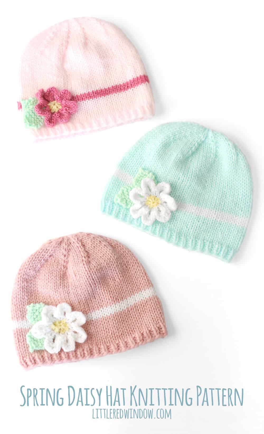 Spring Daisy Hat Knitting Pattern for newborns, babies and toddlers! | littleredwindow.com