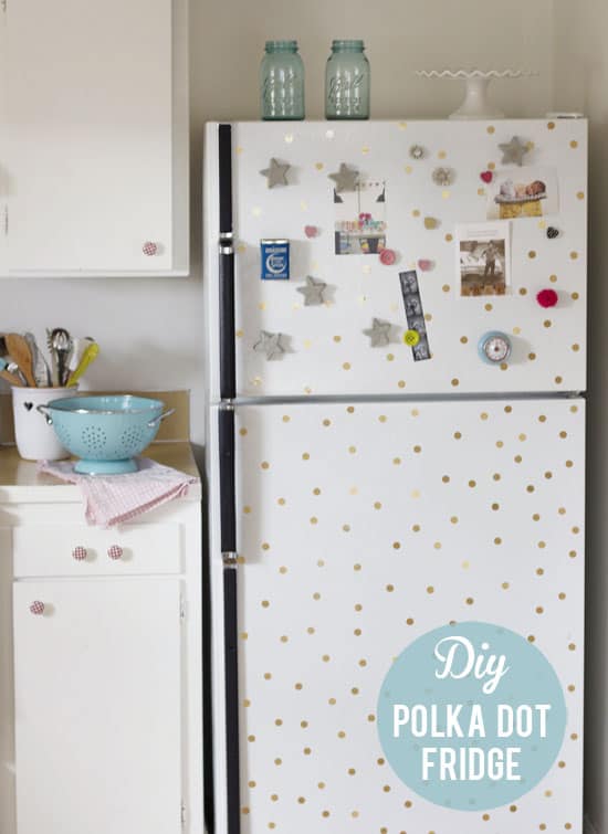 White fridge with gold polka dots