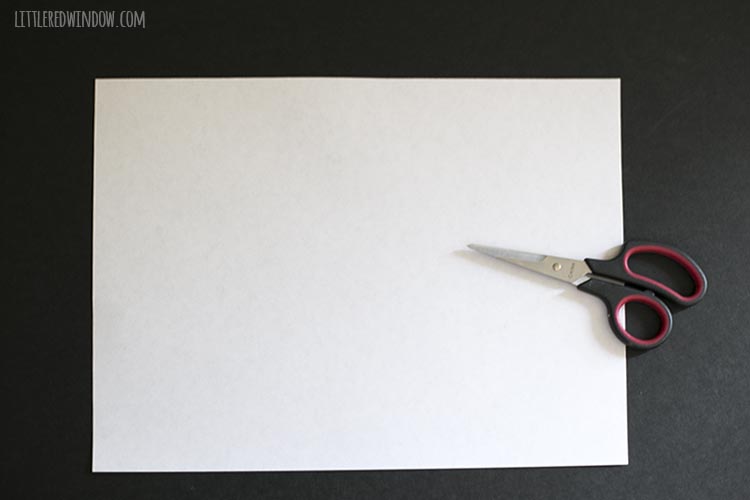 piece of letter size white paper and a pair of scissors on black background