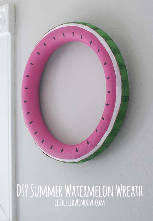 Cute DIY Summer Watermelon Wreath craft, whip up this fun colorful wreath for your front door this summer! | littleredwindow.com