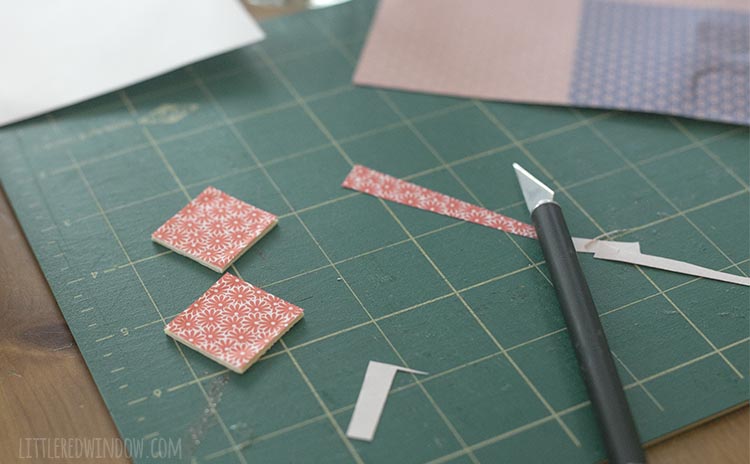 Use decoupage glue to decorate your DIY travel matching game tiles with fun colorful scrapbook paper
