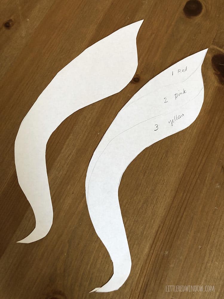 Draw the rainbow colors on one copy of the DIY unicorn mirror's templates, cut that one apart by color