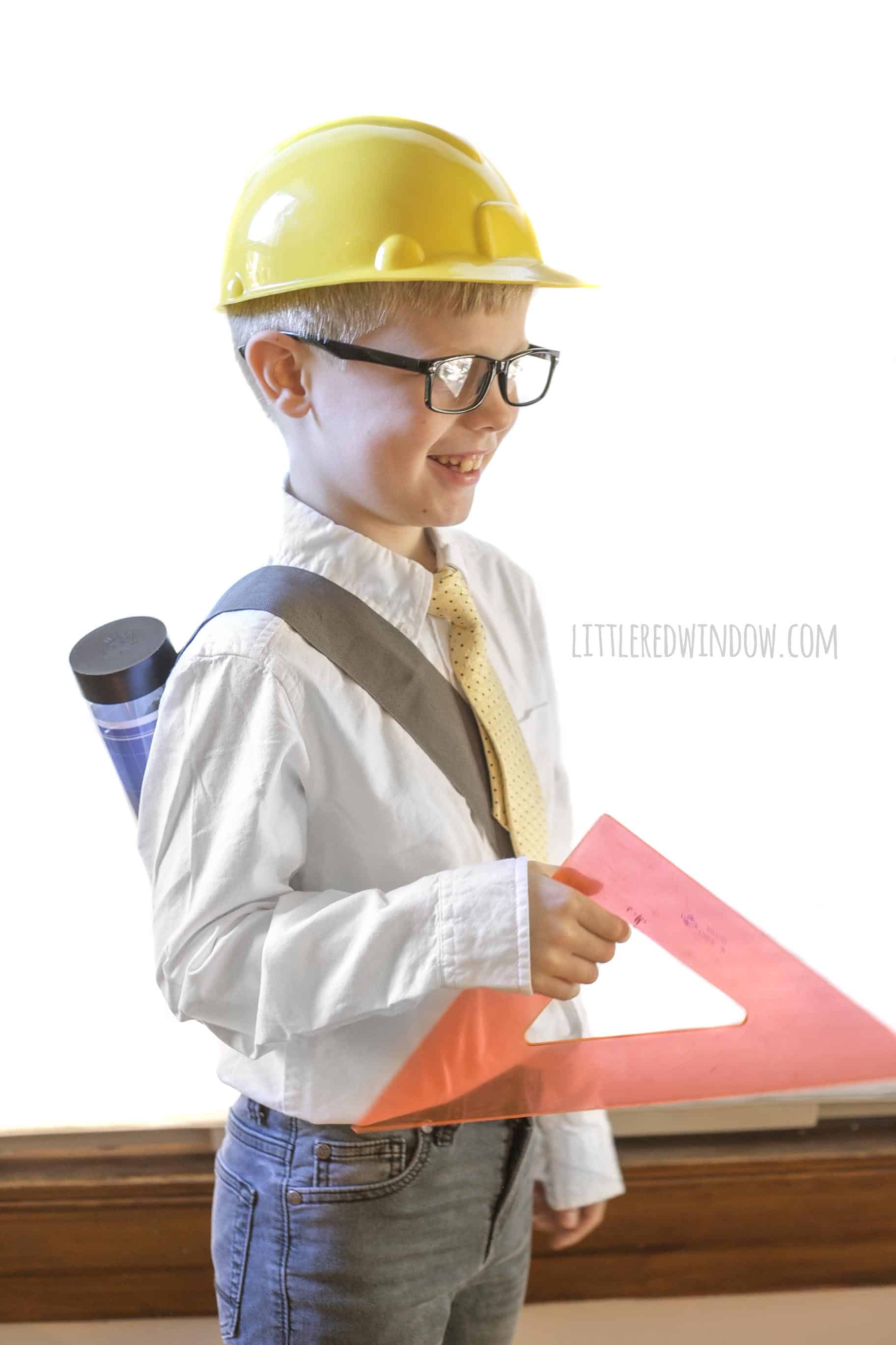 Put together this Easy Architect Costume for Halloween, it even has a "blueprint" drawing tube that holds candy!!