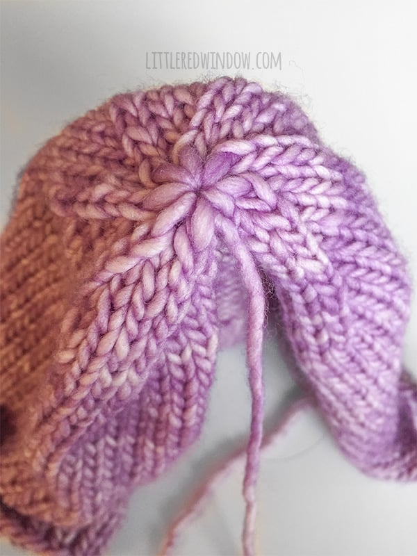 the last 9 stitches pulled tight to close the top of the hat from above