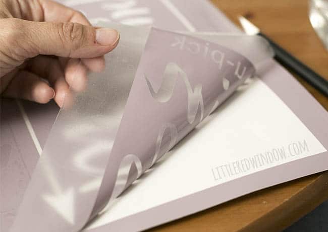 persons hand peeling up the pumpkin patch vinyl stencil with clear transfer tape