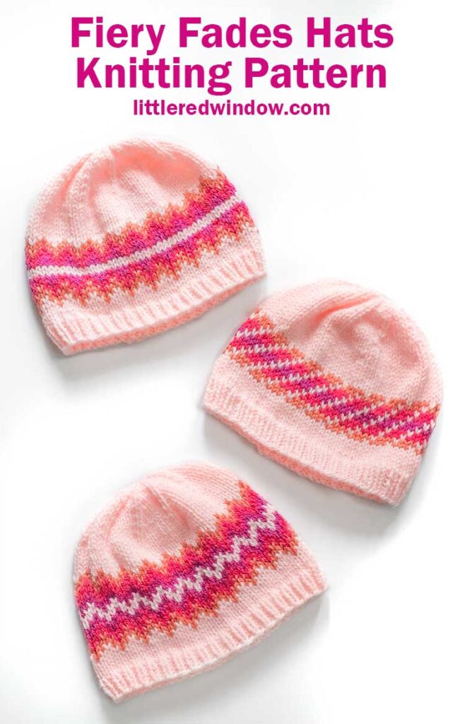 three pink orange magenta and purple knit hats with different sunset fade patterns
