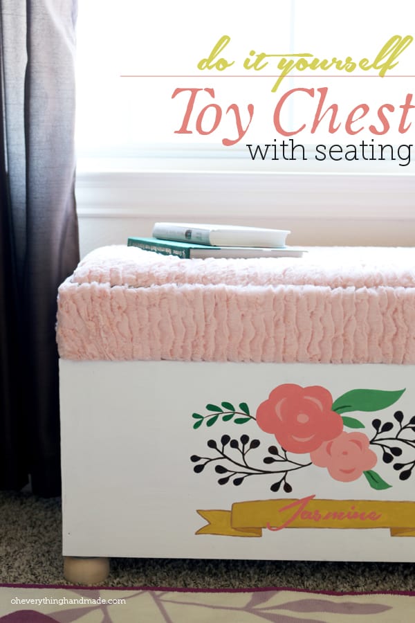 White toy chest with floral design and soft fabric top to use as a bench