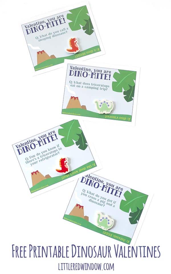 Free Printable Dinosaur Valentines with jokes, perfect for elementary school!