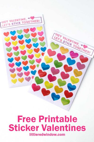 two sets of sticker valentines with free printable labels on top