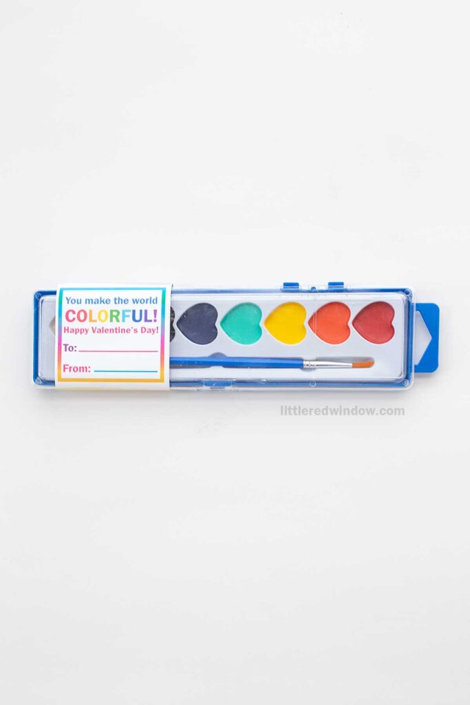 A paint set with five heart-shaped watercolor paints in black, turquoise, green, orange, and yellow. A paintbrush is included. A colorful label reads