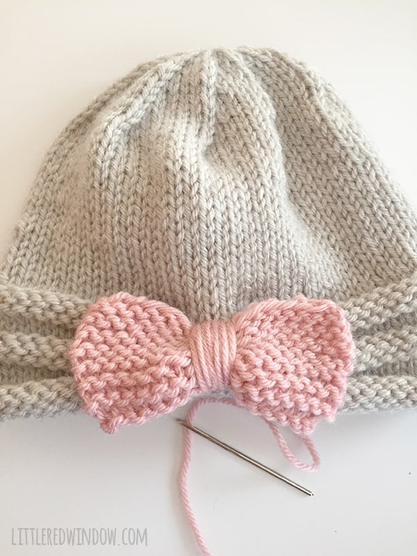 Gathered Bow Hat Knitting Pattern for newborns, babies and toddlers! | littleredwindow.com