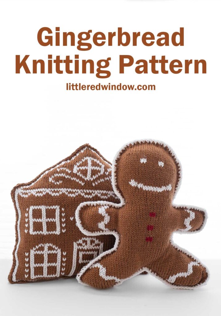 Knitted gingerbread man and house with decorative icing patterns on a white background. Text reads "Gingerbread Knitting Pattern" and "littleredwindow.com.