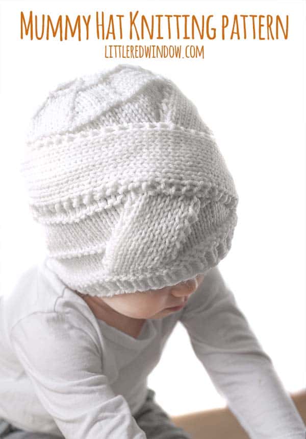 Halloween Mummy Hat Knitting Pattern, this cute hat makes for an easy DIY Halloween costume, just add a white onesie!