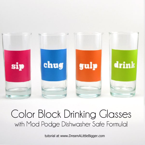 3 drinking glasses with painted outside that say SIP, CHUG, GULP and DRINK