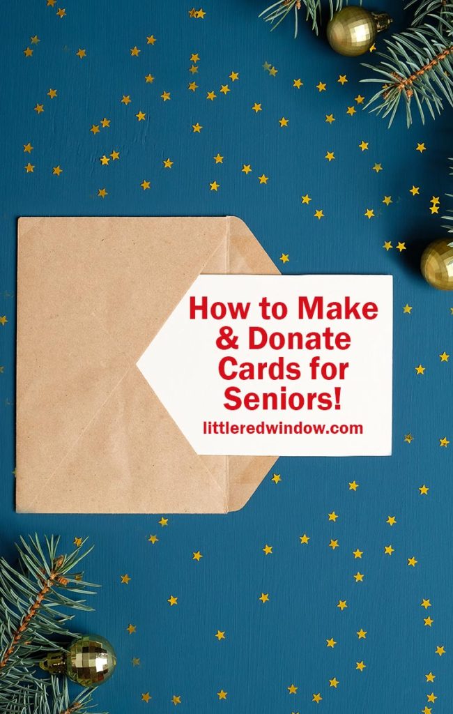 Craft paper envelope letter with blank white card mockup on dark blue background with golden confetti stars, fir branches, Christmas decorations. Christmas letter concept with words how to make cards for seniors