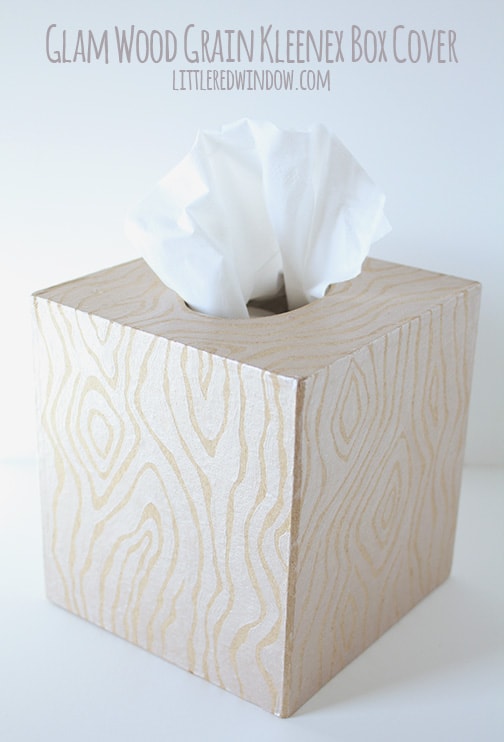 Finished view of tissue box cover with metallic wood grain pattern on all sides