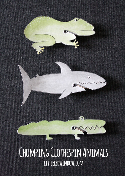 frog, shark and alligator chomping clothespin animals