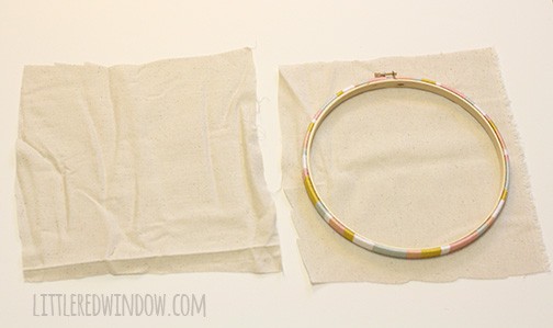 Hoop and two squares of fabric