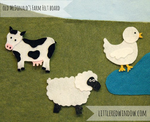 Old McDonald's Farm Felt Board, Cow, Sheep, Duck on green felt background