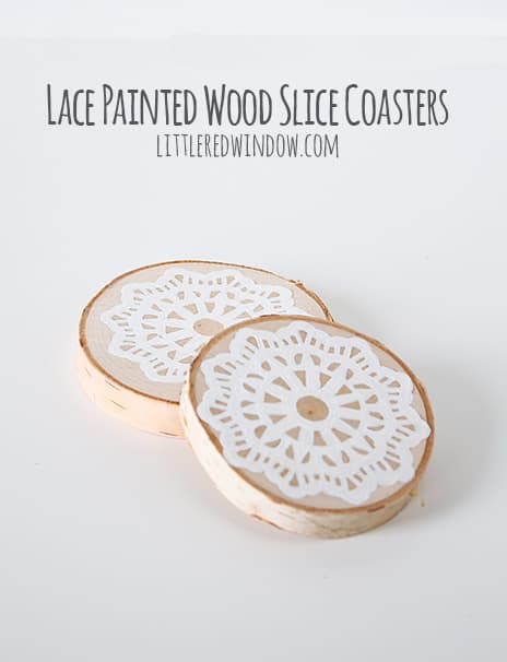 Lace Painted Wood Slice Coasters | littleredwindow.com | Make beautiful, unique and hand-painted coasters, perfect for a gift!
