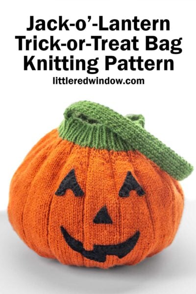 A knitted orange Jack-o'-Lantern Trick-or-Treat Bag with a green handle and black facial features sits in front of text promoting a knitting pattern from littleredwindow.com.