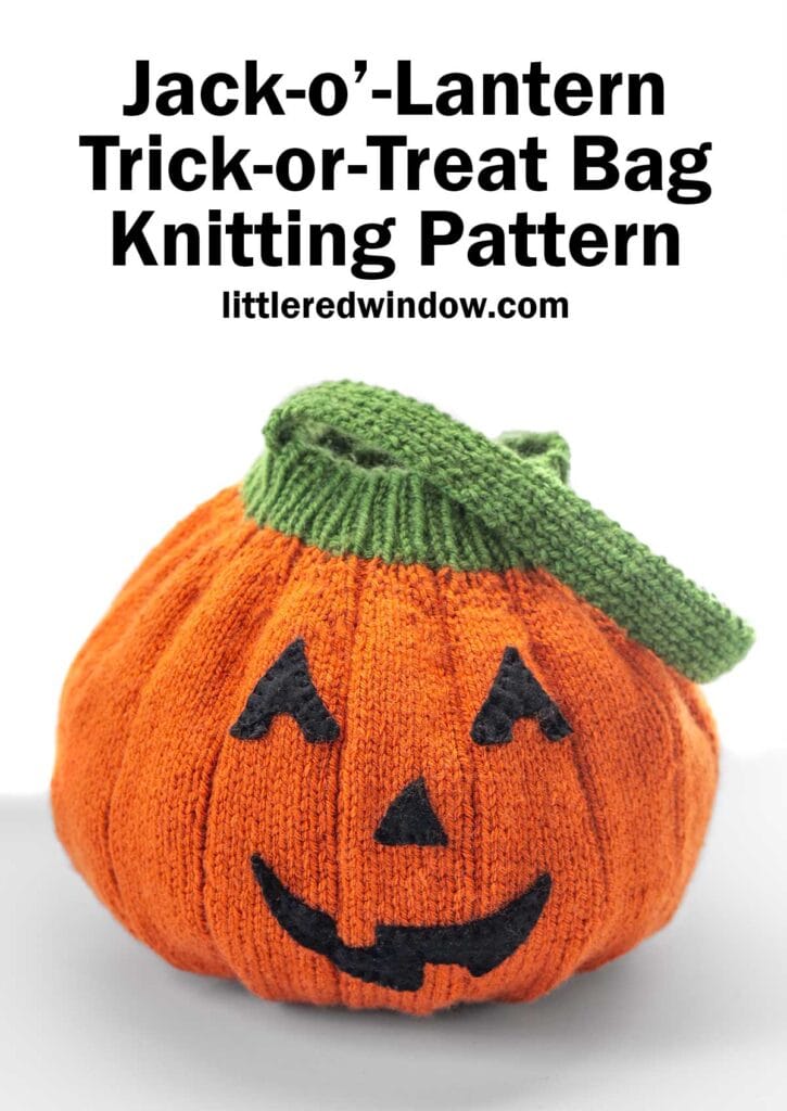 A knitted orange Jack-o'-Lantern Trick-or-Treat Bag with a green handle and black facial features sits in front of text promoting a knitting pattern from littleredwindow.com.