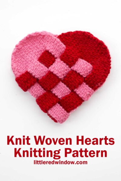 A knitted heart pattern composed of interwoven pink and red segments, displayed on a white background. Text reads: "Knit Woven Hearts Knitting Pattern, littleredwindow.com.