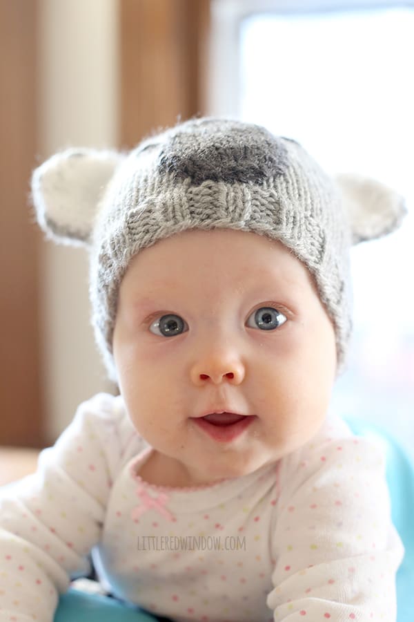 Smiling baby wearing a white shirt sitting in a blue chair and wearing a gray knit koala hat