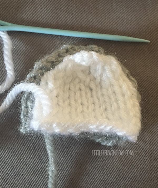 image showing how to assemble gray and white knit koala ears for koala hat