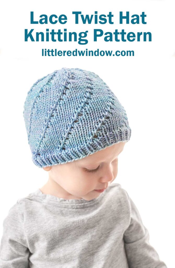 A young child wearing a light blue and purple Lace Twist Hat looks down. The text