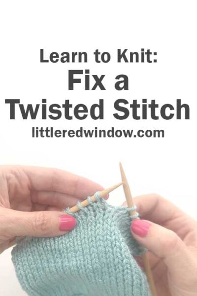 Two hands holding wooden knitting needles are fixing a twisted stitch with turquoise yarn. Above, text reads: