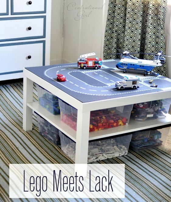 white IKEA table with a lego road top and leg vehicles on it