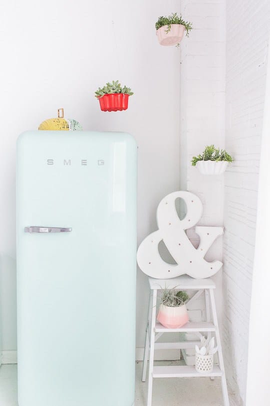 Kitchen scene with 3 colorful bundt pans hanging from the ceiling used as planters