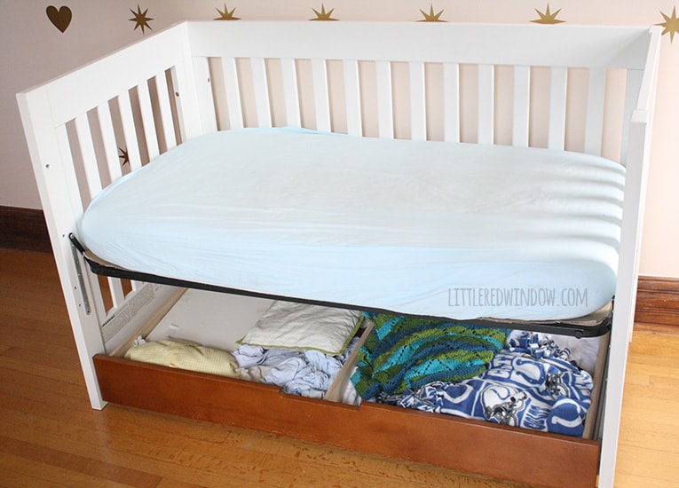 Super Easy No Sew Crib Skirt! | littleredwindow.com | Make your own custom crib skirt in just a few minutes, no sewing machine required!