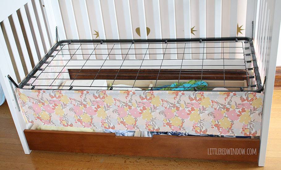 Super Easy No Sew Crib Skirt! | littleredwindow.com | Make your own custom crib skirt in just a few minutes, no sewing machine required!