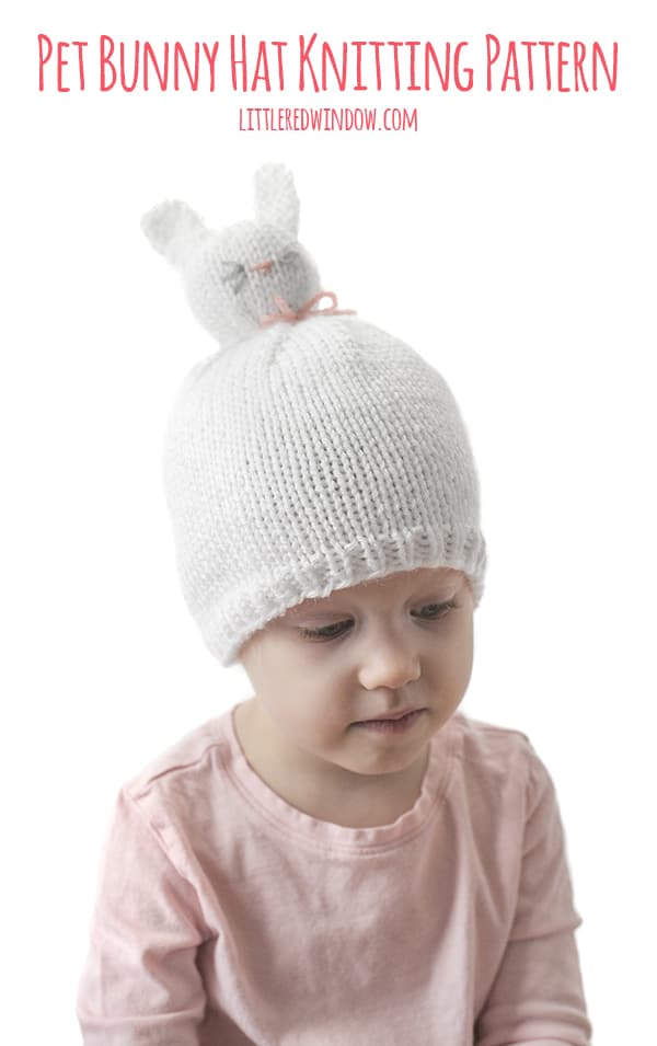 Pet Bunny Pom Pom Hat Knitting Pattern, it's like a wearable stuffed animal for babies & toddlers!