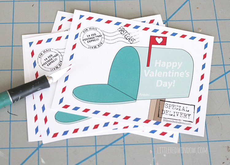 Cut the mailbox Valentines apart with a ruler and craft knife!