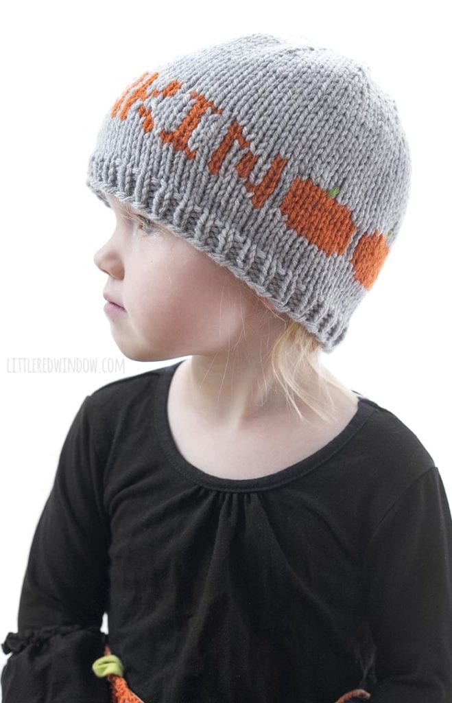 This cute Halloween Punkin Hat knitting pattern is a fun fair isle pattern with a row of cute pumpkins on the back!