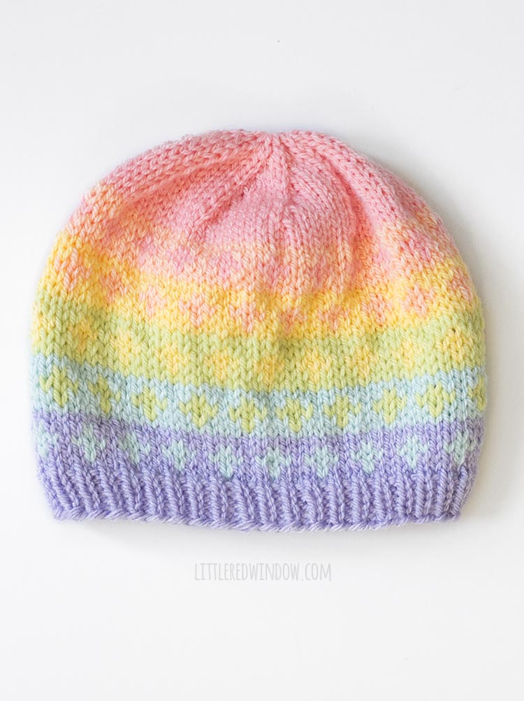 Cross fade pattern from the rainbow fades hats knitting pattern on a white background